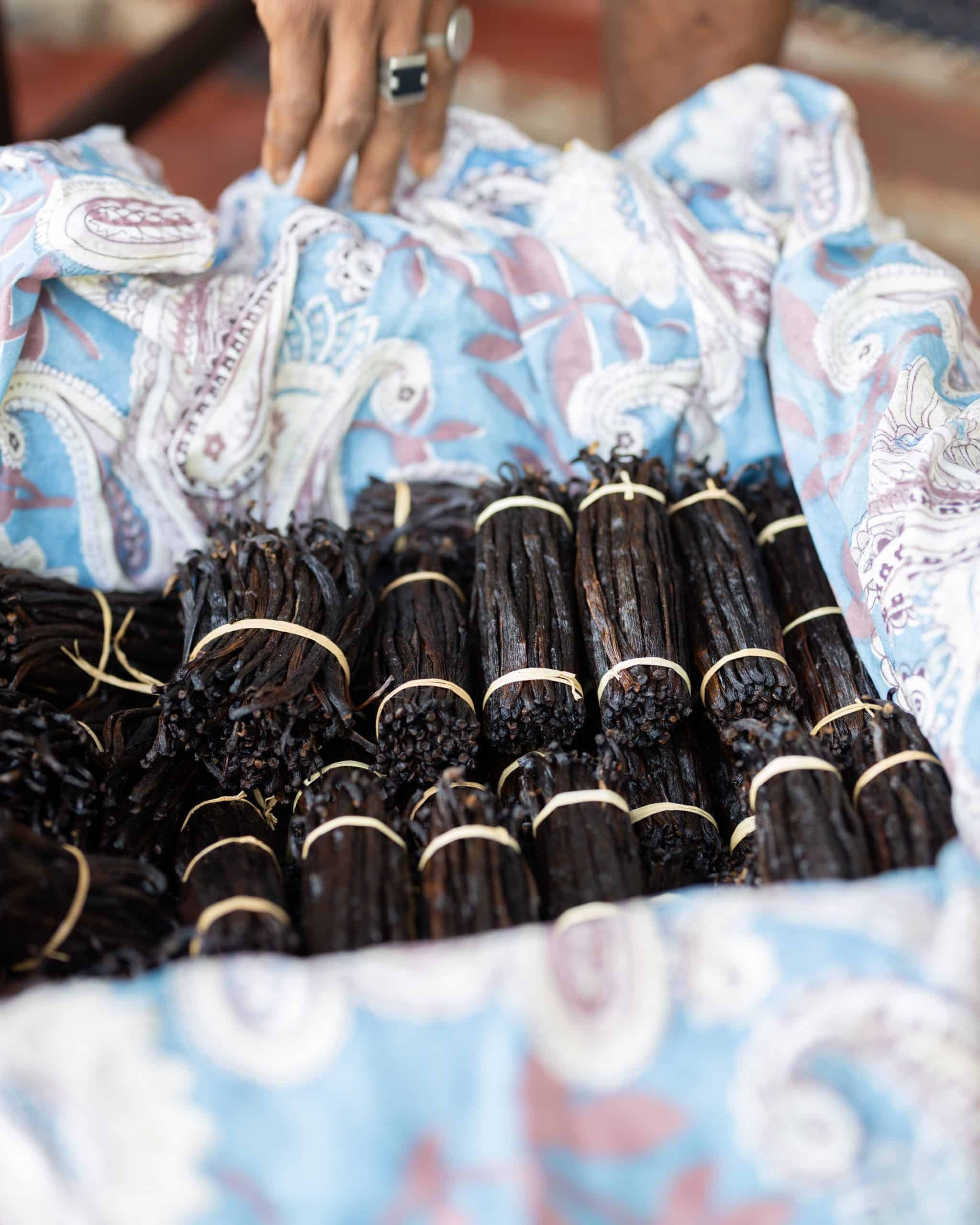Close up view of dried and bundled vanilla pods in the village next to Time + Tide Tsara Komba in Madagascar