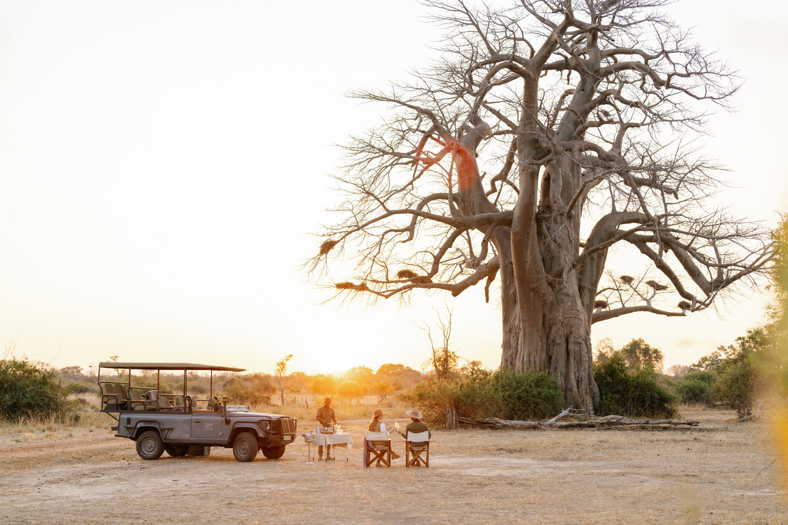 Two guests enjoying sundowners on safari, sitting in directors chairs near the game gdrive vehicle underneath a Baobab tree as the sun sets on safari with Time + Tide Chinzombo in Zambia